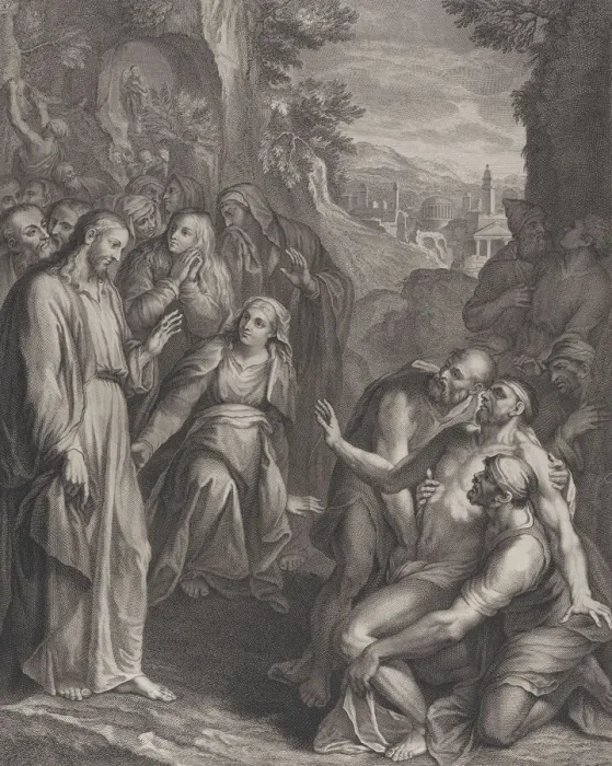 Framed Print : The Raising of Lazarus, with Christ standing at left, ca. 1729. Creator: Simon Vallee Framed Print : The Raising of Lazarus, with Christ standing at left, ca. 1729. Creator: Simon Vallee