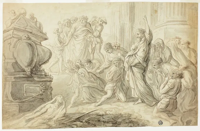 Framed Print : Raising of Lazarus (recto); Travelers with Cart Outside Inn (verso), 1700 / 99. Creator: Unknown Framed Print : Raising of Lazarus (recto); Travelers with Cart Outside Inn (verso), 1700 / 99. Creator: Unknown