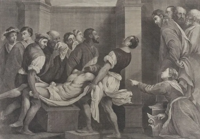 Framed Print : The raising of Lazarus, who is carried by three men at left, while his sister and C... ca. 1656-60. Creators: Jan van Troyen, David Teniers II Framed Print : The raising of Lazarus, who is carried by three men at left, while his sister and C... ca. 1656-60. Creators: Jan van Troyen, David Teniers II