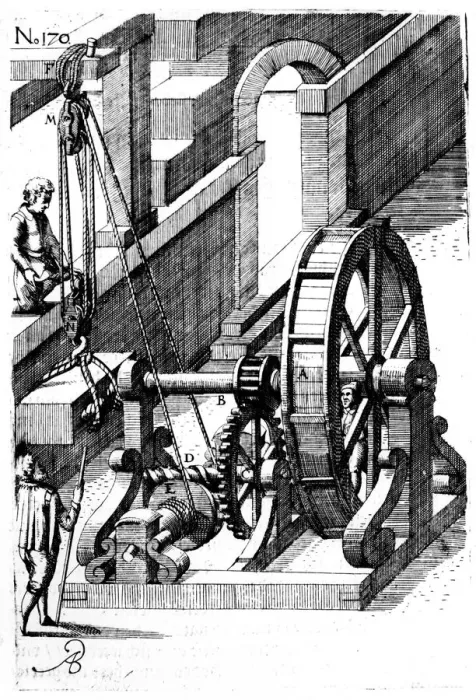 Framed Print : Raising a slab of stone using a block-and-tackle mechanism, 1620 Framed Print : Raising a slab of stone using a block-and-tackle mechanism, 1620