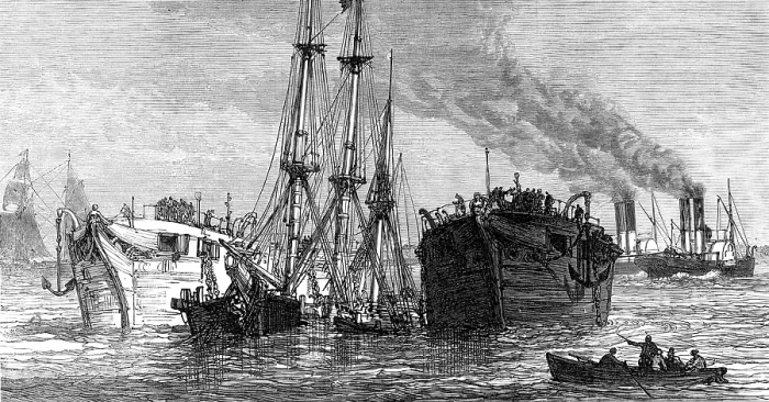 Framed Print : Raising a sunken Indiaman in the Thames, near Gravesend, 1874. Creator: Unknown Framed Print : Raising a sunken Indiaman in the Thames, near Gravesend, 1874. Creator: Unknown