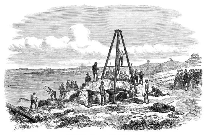 Framed Print : Raising the west capstone of Le Trepied Cromlech, Guernsey, 1870. Creator: Unknown Framed Print : Raising the west capstone of Le Trepied Cromlech, Guernsey, 1870. Creator: Unknown