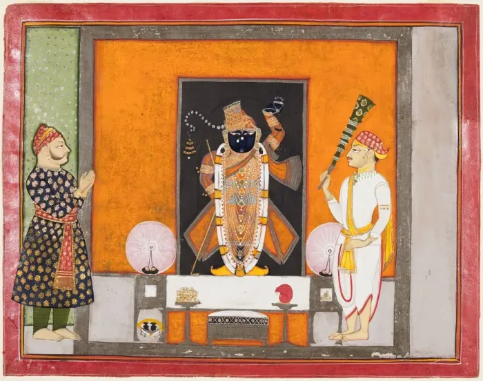 Framed Print : Raja Ram Singh (?) worships Krishna as Brij Nathji (the bridegroom), c. 1820. Creator: Unknown Framed Print : Raja Ram Singh (?) worships Krishna as Brij Nathji (the bridegroom), c. 1820. Creator: Unknown
