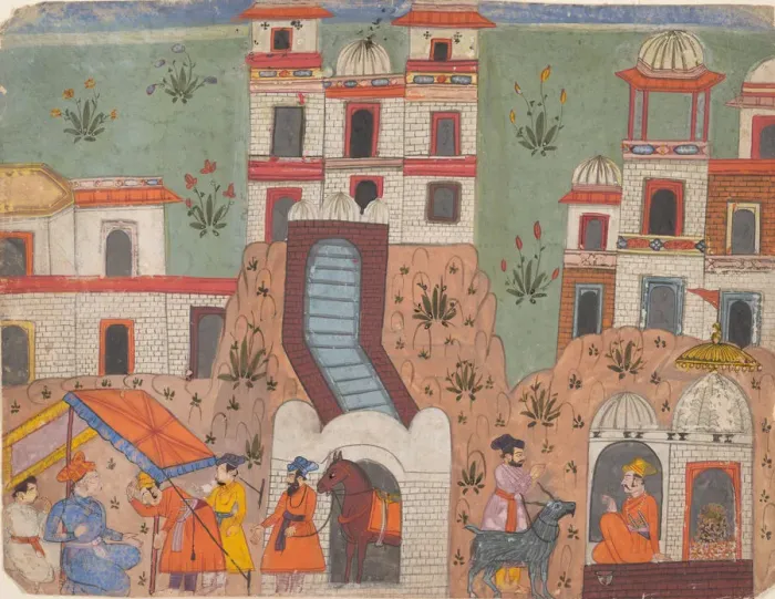 Framed Print : A Raja Receives Homage Outside the City... from a Dispersed Manuscript, last quarter of 17th cent Framed Print : A Raja Receives Homage Outside the City... from a Dispersed Manuscript, last quarter of 17th cent