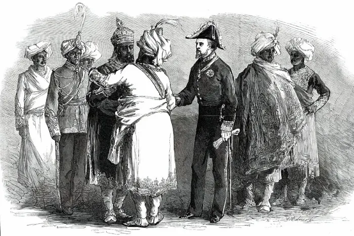 Framed Print : Rajahs introduced to each other while waiting for the Prince of Wales at Calcutta...1876. Creator: William James Palmer Framed Print : Rajahs introduced to each other while waiting for the Prince of Wales at Calcutta...1876. Creator: William James Palmer