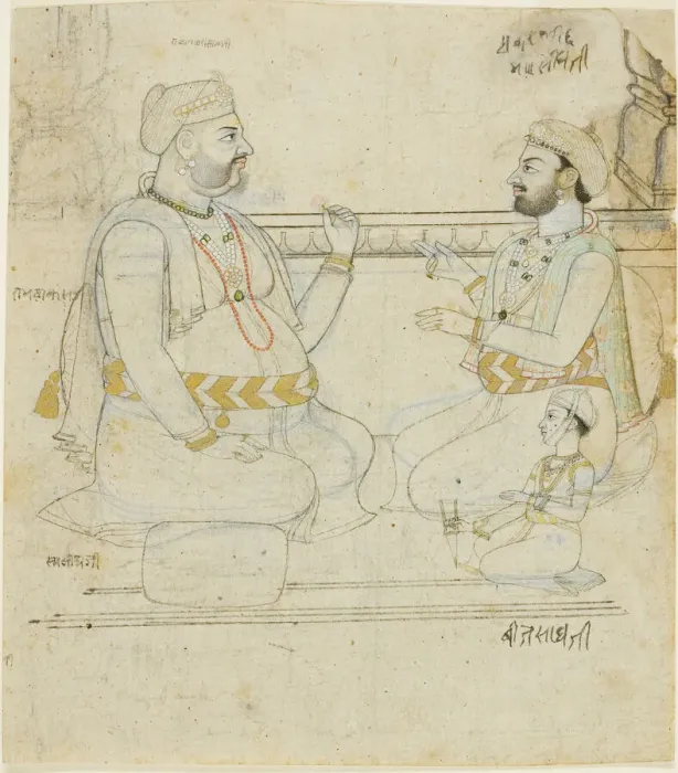 Framed Print : Two Rajput Noblemen with a Child, late 18th century. Creator: Unknown Framed Print : Two Rajput Noblemen with a Child, late 18th century. Creator: Unknown