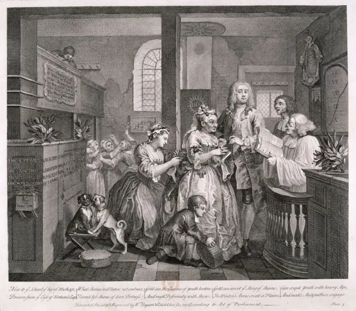 Framed Print : A Rakes Progress, 1735; plate V of VIII. Artist: William Hogarth Framed Print : A Rakes Progress, 1735; plate V of VIII. Artist: William Hogarth