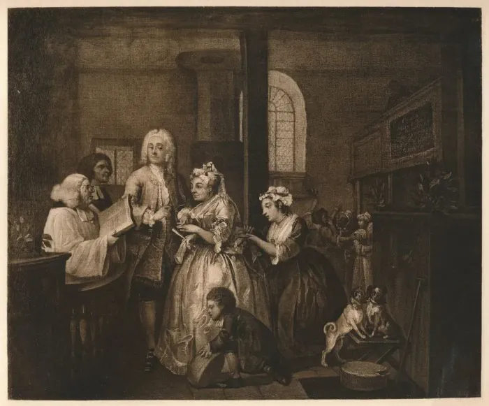 Framed Print : A Rakes Progress - 5: He Marries, 1733. Artist: William Hogarth Framed Print : A Rakes Progress - 5: He Marries, 1733. Artist: William Hogarth