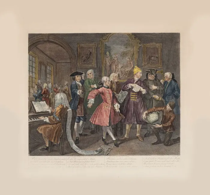 Framed Print : A Rakes Progress, Plate 2: Surrounded By Artists And Professors, ca 1735 Framed Print : A Rakes Progress, Plate 2: Surrounded By Artists And Professors, ca 1735