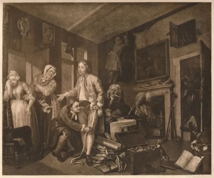 Framed Print : A Rakes Progress; scene I, 1735. Artist: William Hogarth Framed Print : A Rakes Progress; scene I, 1735. Artist: William Hogarth