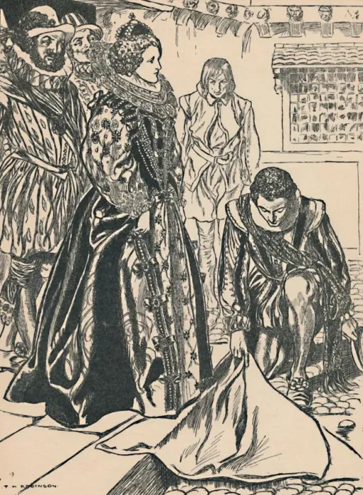 Framed Print : Raleigh Spreads His Cloak Before Elizabeth, c1907 Framed Print : Raleigh Spreads His Cloak Before Elizabeth, c1907