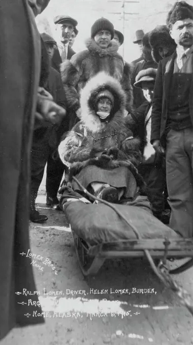 Framed Print : Ralph and Helen Lomen on dog sled, ready for race, 1915. Creator: Lomen Brothers Framed Print : Ralph and Helen Lomen on dog sled, ready for race, 1915. Creator: Lomen Brothers