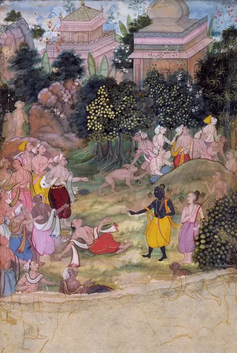 Framed Print : Rama Chastises the Dying Vali, Folio from a Ramayana (Adventures of Rama), c1595. Creator: Unknown Framed Print : Rama Chastises the Dying Vali, Folio from a Ramayana (Adventures of Rama), c1595. Creator: Unknown