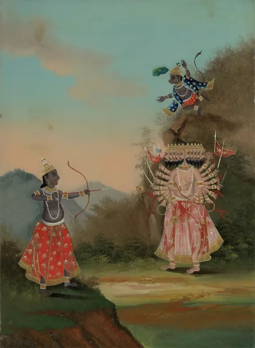 Framed Print : Rama (left) and Hanuman (above, right) fighting the demon Ravana (right). Creator: Unknown Framed Print : Rama (left) and Hanuman (above, right) fighting the demon Ravana (right). Creator: Unknown