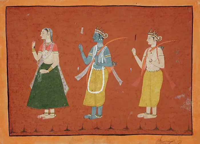 Framed Print : Rama, Sita, and Lakshmana, Folio from a Ramayana, between c1685 and c1690. Creator: Unknown Framed Print : Rama, Sita, and Lakshmana, Folio from a Ramayana, between c1685 and c1690. Creator: Unknown