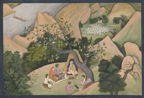 Rama, Sita, and Lakshmana at the Hermitage of Bharadvaja: Illustrated folio from... ca