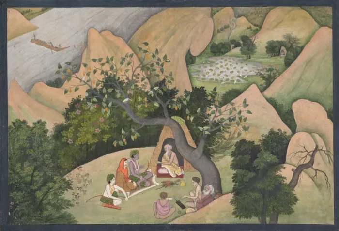 Framed Print : Rama, Sita, and Lakshmana at the Hermitage of Bharadvaja: Illustrated folio from... ca Framed Print : Rama, Sita, and Lakshmana at the Hermitage of Bharadvaja: Illustrated folio from... ca