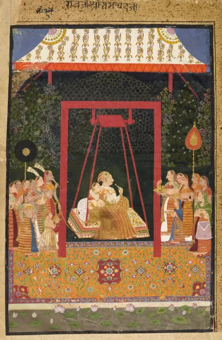 Framed Print : Rao Ram Chandra of Bedla on a swing, ca. 1740s. Creator: Shahji Framed Print : Rao Ram Chandra of Bedla on a swing, ca. 1740s. Creator: Shahji
