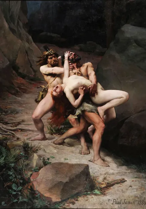 Framed Print : The Rape in the Stone Age, 1888. Creator: Jamin, Paul Joseph (1853-1903) Framed Print : The Rape in the Stone Age, 1888. Creator: Jamin, Paul Joseph (1853-1903)