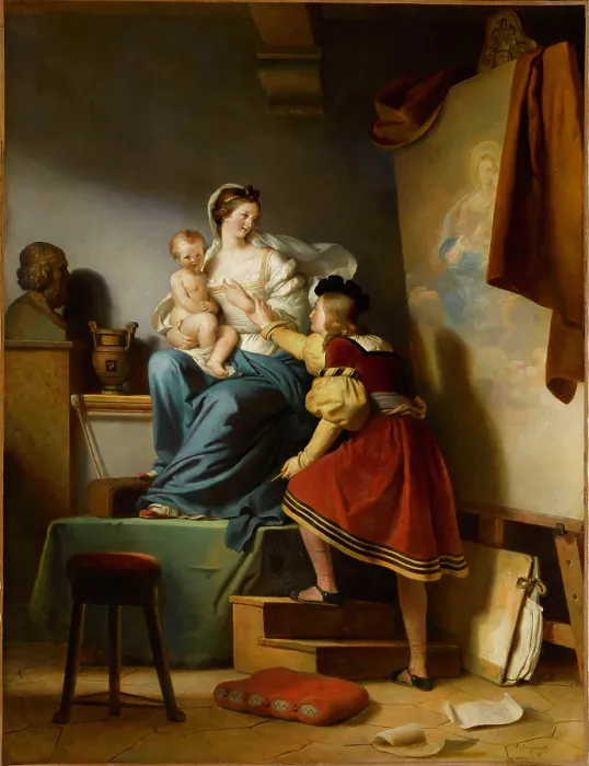 Framed Print : Raphael Adjusting his Model's Pose for his Painting of the Virgin and Child, c1820. Creator: Fragonard, Alexandre-Evariste (1780-1850). Raphael Adjusting his Model's Pose for his Painting of the Virgin and Child, c1820 Framed Print : Raphael Adjusting his Model's Pose for his Painting of the Virgin and Child, c1820. Creator: Fragonard, Alexandre-Evariste (1780-1850). Raphael Adjusting his Model's Pose for his Painting of the Virgin and Child, c1820
