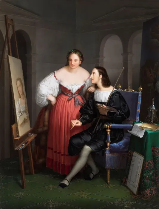 Framed Print : Raphael paints the portrait of Fornarina, 1834. Creator: Schiavoni, Felice (1803-1881) Framed Print : Raphael paints the portrait of Fornarina, 1834. Creator: Schiavoni, Felice (1803-1881)