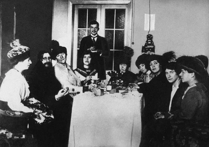 Framed Print : Rasputin (second from left) at the meal among His Admirers, c. 1910 Framed Print : Rasputin (second from left) at the meal among His Admirers, c. 1910