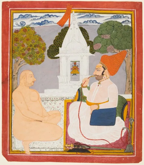 Framed Print : A Rathor Noble Visiting a Digambara holy man at a Vishnu Shrine, probably Baba Atmaram, c Framed Print : A Rathor Noble Visiting a Digambara holy man at a Vishnu Shrine, probably Baba Atmaram, c