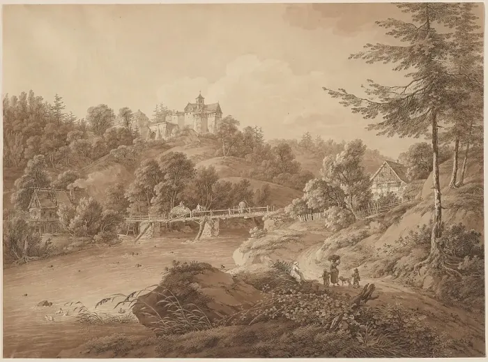Framed Print : Rauenstein Castle Seen from the River's Edge, c. 1800. Creator: Adrian Zingg Framed Print : Rauenstein Castle Seen from the River's Edge, c. 1800. Creator: Adrian Zingg
