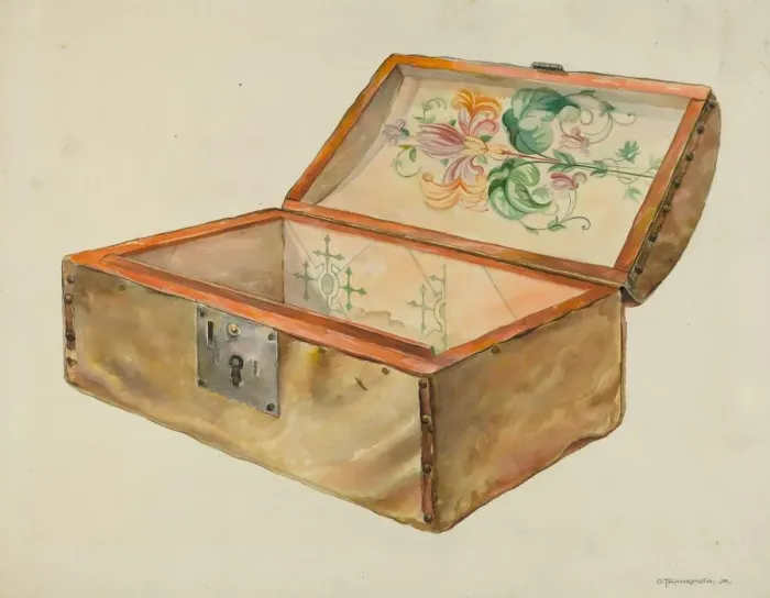Framed Print : Rawhide Chest, with Lock (Inside View), 1937. Creator: Gerald Transpota
