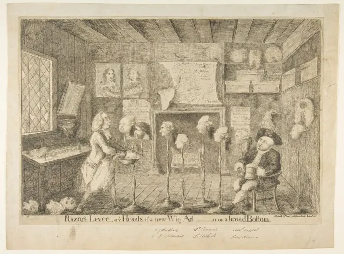 Framed Print : Razors Levee, or Ye Heads of a New Wig Ad[ministration] on a Broad Bottom, April 21