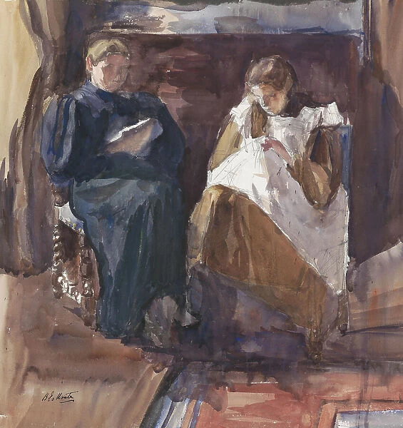 Reading lady and embroidering girl, seen from the front, in the house at Riouwstraat 6... 1872-1950 Creator: Barbara Elisabeth van Houten