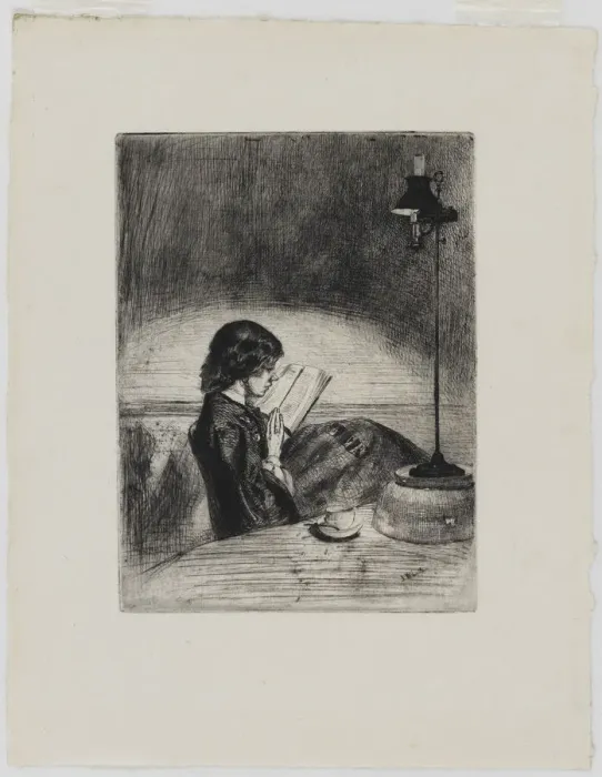 Framed Print : Reading by Lamplight, 1858. Creator: James Abbott McNeill Whistler Framed Print : Reading by Lamplight, 1858. Creator: James Abbott McNeill Whistler