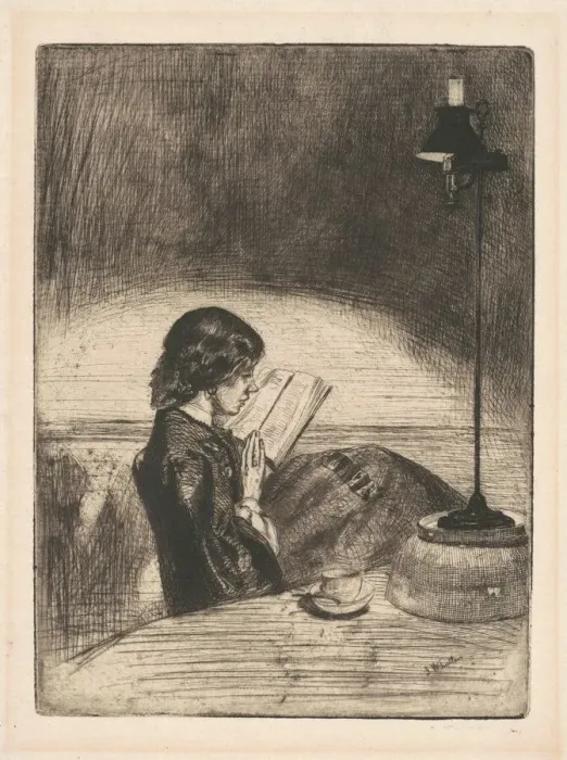 Framed Print : Reading by Lamplight, 1859. Creator: James Abbott McNeill Whistler Framed Print : Reading by Lamplight, 1859. Creator: James Abbott McNeill Whistler