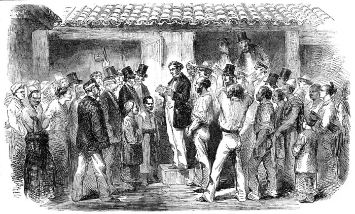 Framed Print : Reading the News of the Fall of Sebastopol at Ceylon, 1856. Creator: Unknown Framed Print : Reading the News of the Fall of Sebastopol at Ceylon, 1856. Creator: Unknown