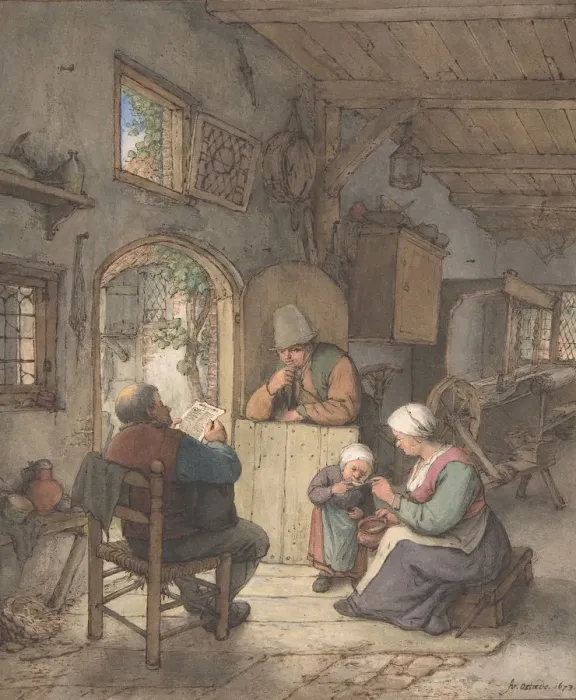 Framed Print : Reading the News at the Weavers Cottage, 1673. Creator: Adriaen van Ostade Framed Print : Reading the News at the Weavers Cottage, 1673. Creator: Adriaen van Ostade