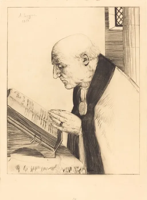 Framed Print : Reading of the Office of the Day (La lecture de l office), 1868. Creator: Alphonse Legros Framed Print : Reading of the Office of the Day (La lecture de l office), 1868. Creator: Alphonse Legros