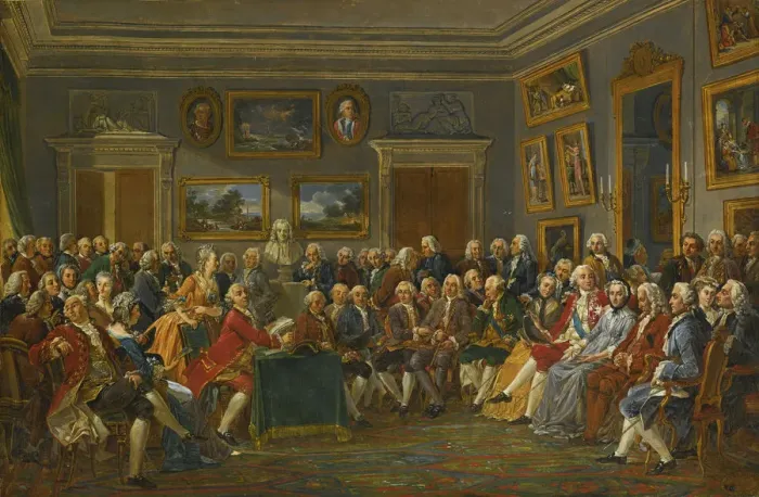 Framed Print : A reading of Voltaires tragedy L Orpheline de la Chine in the salon of Madame Geoffrin. Artist: Lemonnier, Anicet Charles Gabriel (1743-1824) Framed Print : A reading of Voltaires tragedy L Orpheline de la Chine in the salon of Madame Geoffrin. Artist: Lemonnier, Anicet Charles Gabriel (1743-1824)