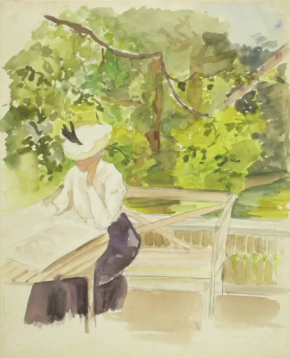 Framed Print : Reading woman in the garden, c1890s. Creator: Albert Edelfelt Framed Print : Reading woman in the garden, c1890s. Creator: Albert Edelfelt
