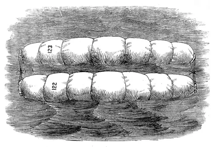 Framed Print : Rear-Admiral Ryder's floating hammocks for saving life at sea, 1871. Creator: Unknown Framed Print : Rear-Admiral Ryder's floating hammocks for saving life at sea, 1871. Creator: Unknown