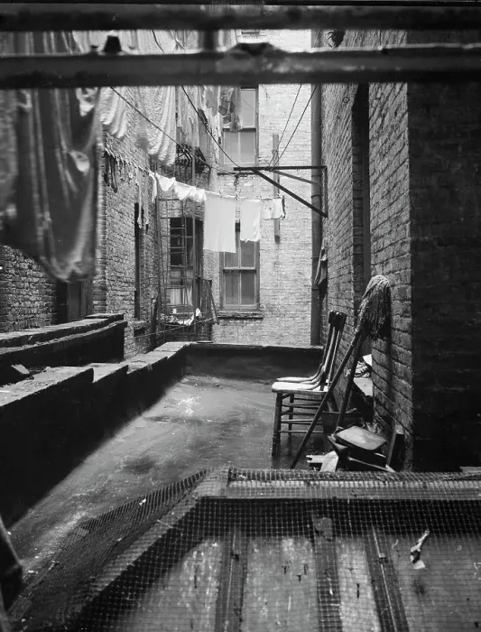 Framed Print : Out of rear window tenement dwelling of Mr and Mrs Jacob Solomon, 133 Avenue D, New York City, 1936. Creator: Dorothea Lange Framed Print : Out of rear window tenement dwelling of Mr and Mrs Jacob Solomon, 133 Avenue D, New York City, 1936. Creator: Dorothea Lange