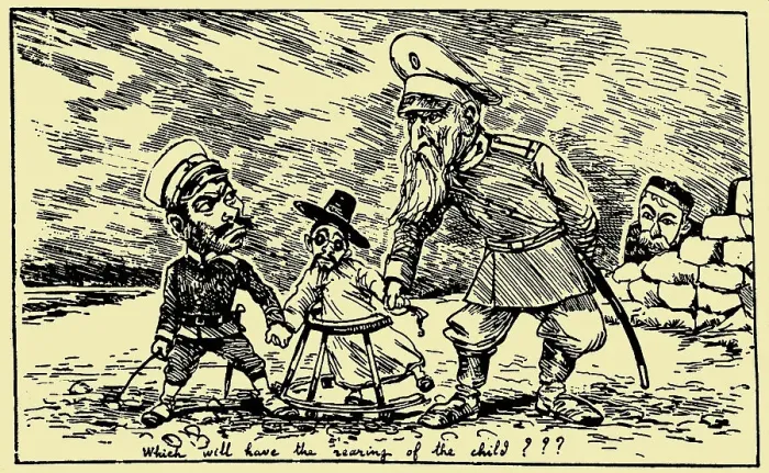 Framed Print : Which will have the rearing the child? Japan and Russia compete for influence in Korea... 1895. Creator: Bigot, Georges (1860-1927) Framed Print : Which will have the rearing the child? Japan and Russia compete for influence in Korea... 1895. Creator: Bigot, Georges (1860-1927)
