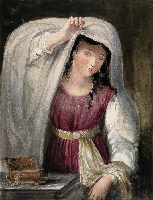 Framed Print : Rebecca admires the clothes and jewellery given to her by Abraham's servant, 1824