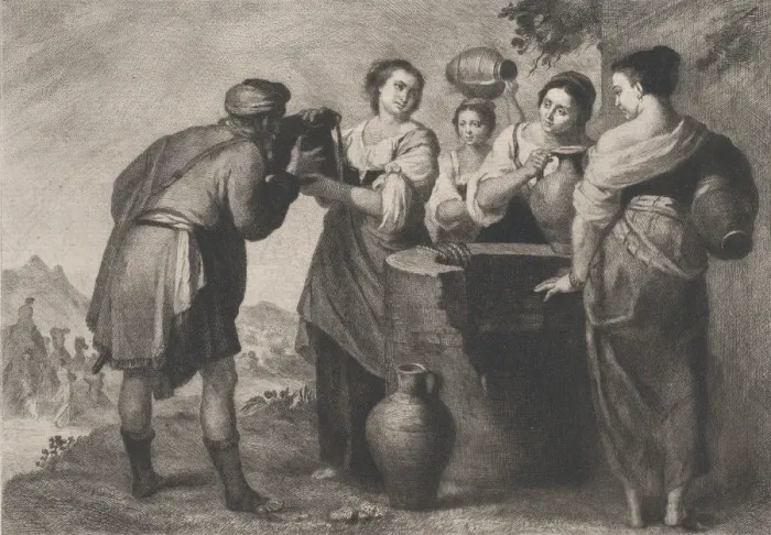 Framed Print : Rebecca and Eliezer at the well, c1880-1899. Creator: Achille-Isidore Gilbert Framed Print : Rebecca and Eliezer at the well, c1880-1899. Creator: Achille-Isidore Gilbert