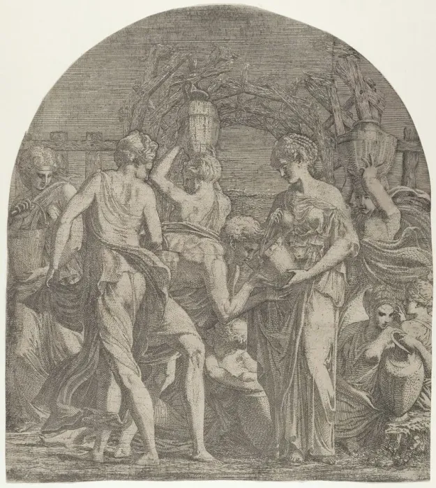 Framed Print : Rebecca and Eliezer at the Well, ca. 1542-45. Creator: Leon Davent Framed Print : Rebecca and Eliezer at the Well, ca. 1542-45. Creator: Leon Davent
