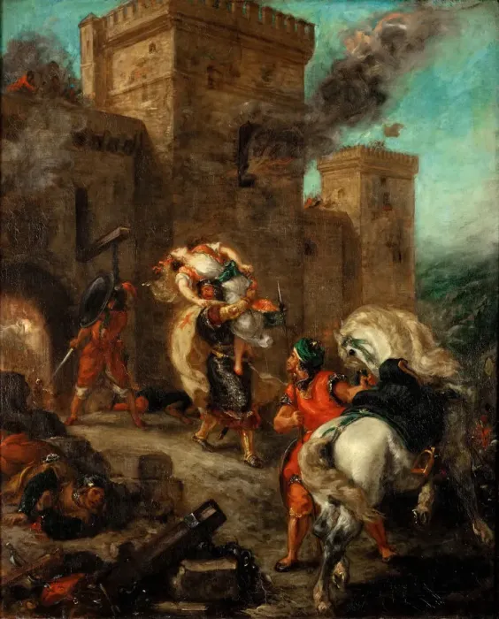 Framed Print : Rebecca Raped by a Knight Templar During the Sack of the Castle Frondeboeuf. Artist: Delacroix, Eugene (1798-1863) Framed Print : Rebecca Raped by a Knight Templar During the Sack of the Castle Frondeboeuf. Artist: Delacroix, Eugene (1798-1863)