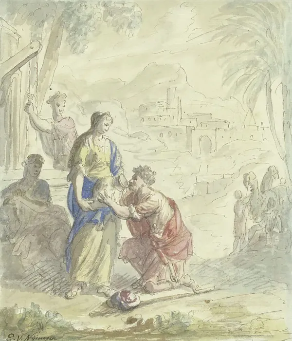Framed Print : Rebekah and Eliezer at the well, 1677-1755. Creator: Elias van Nijmegen Framed Print : Rebekah and Eliezer at the well, 1677-1755. Creator: Elias van Nijmegen