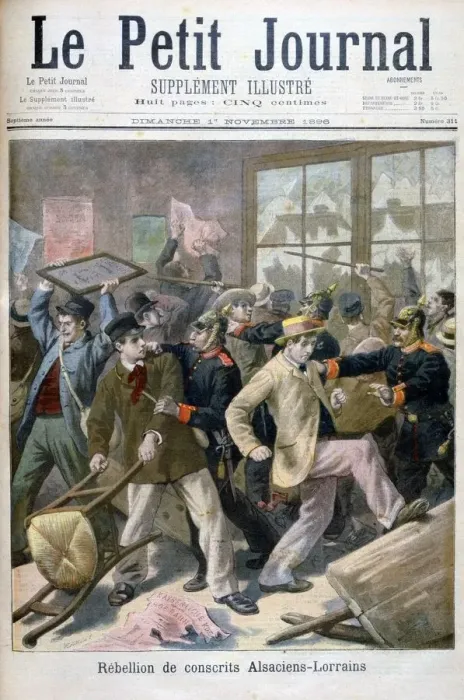 Framed Print : Rebellion of the Alsaciens-Lorrains conscripts, 1896. Artist: F Meaulle Framed Print : Rebellion of the Alsaciens-Lorrains conscripts, 1896. Artist: F Meaulle
