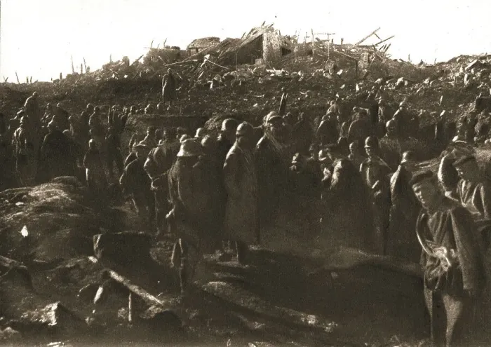 Framed Print : In Recaptured Territory; The evening of October 23, 1917: gathering German prisoners... 1917. Creator: Unknown Framed Print : In Recaptured Territory; The evening of October 23, 1917: gathering German prisoners... 1917. Creator: Unknown