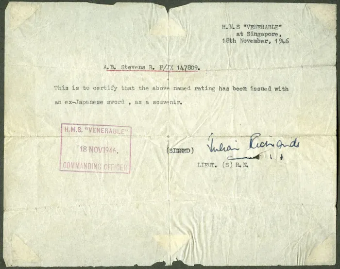 Framed Print : Receipt for a ex-Japanese sword, HMS Venerable, Singapore, 1946 Framed Print : Receipt for a ex-Japanese sword, HMS Venerable, Singapore, 1946