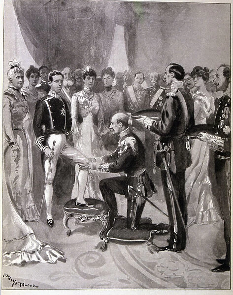 Receiving the Order of the Garter from the hands of the Duke of Connaught, Alfonso XIII